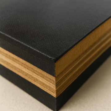 Close-up corner of formply showing phenolic film surface and layered core