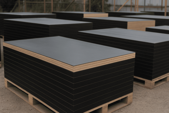 Pallet stacks of formply panels in a construction yard