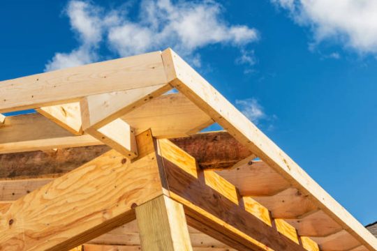 Roof frame structure under construction using durable lvl timber beams