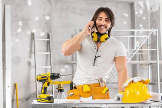 Construction worker wearing safety gear preparing tools on a building site with scaffolding in the background