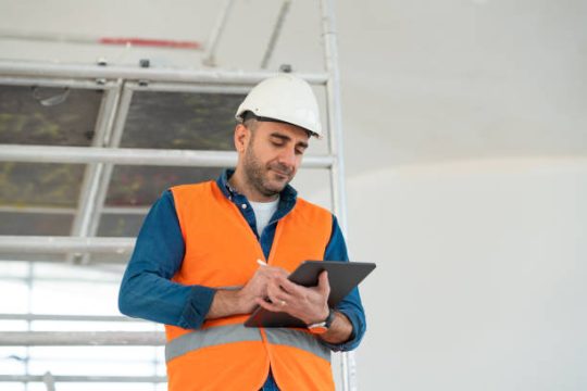 Construction worker recording site checks near scaffolding with a tablet