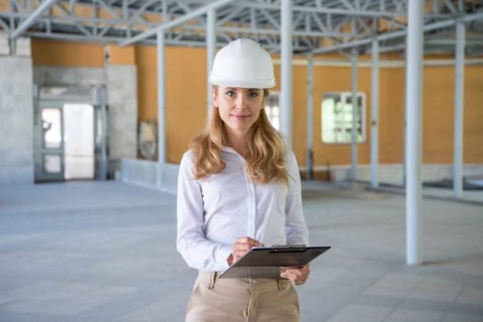 Construction site manager inspecting a building project with a clipboard, suitable for Kwikstage scaffolding planning and site safety checks.