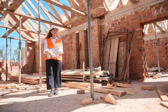 Construction worker inspecting scaffold setup on a residential building site